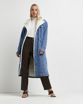 River Island Blue borg and denim longline coat – womens casual winter coats