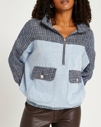 River Island Blue denim and boucle zip hoodie | womens textured pullover hoodies