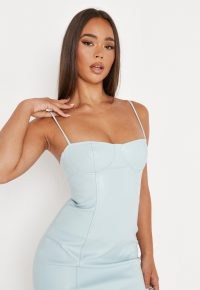 MISSGUIDED blue faux leather strappy bust cup mini dress – spaghetti strap mini dresses – going out evening fashion