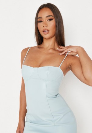 MISSGUIDED blue faux leather strappy bust cup mini dress – spaghetti strap mini dresses – going out evening fashion - flipped