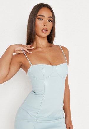 MISSGUIDED blue faux leather strappy bust cup mini dress – spaghetti strap mini dresses – going out evening fashion