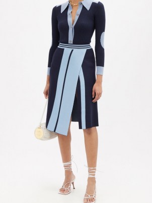 DODO BAR OR Jackson navy asymmetric-slit skirt | blue-tonal thigh high front split skirts | wrap style fashion