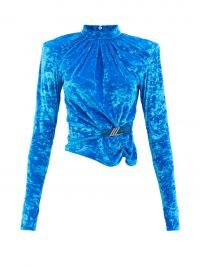 THE ATTICO Padded-shoulder blue-velvet top – women’s 80s vintage inspired tops – glamorous 1980s style power dressing fashion