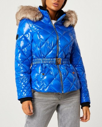 RIVER ISLAND Blue quilted puffer coat / womens faux fur lined hooded winter coats / women’s casual shiny patent-finish autumn jackets - flipped