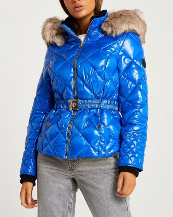 RIVER ISLAND Blue quilted puffer coat / womens faux fur lined hooded winter coats / women’s casual shiny patent-finish autumn jackets