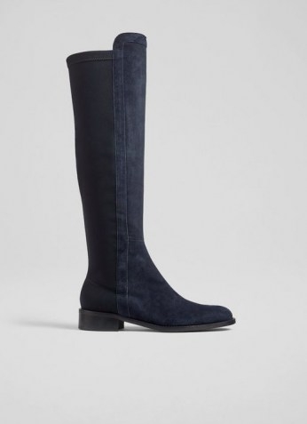 L.K. BENNETT BRONTE NAVY SUEDE AND ELASTIC KNEE-HIGH BOOTS ~ womens black and blue panel boots ~ women’s stylish autumn and winter footwear ~ colour block - flipped