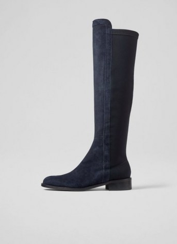 L.K. BENNETT BRONTE NAVY SUEDE AND ELASTIC KNEE-HIGH BOOTS ~ womens black and blue panel boots ~ women’s stylish autumn and winter footwear ~ colour block