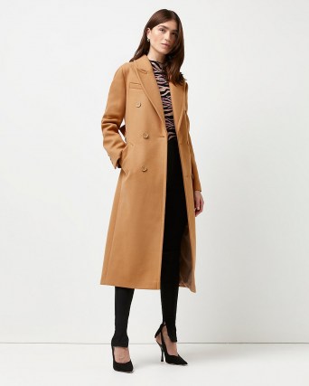 RIVER ISLAND Brown belted double breasted coat ~ womens longline tie waist autumn coats - flipped