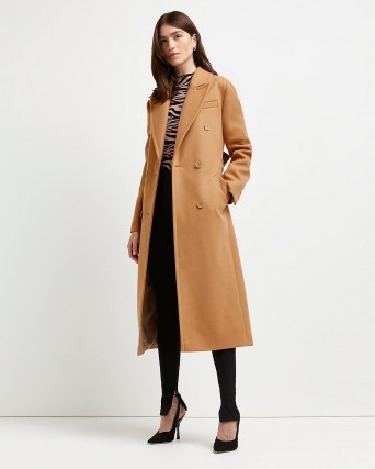 RIVER ISLAND Brown belted double breasted coat ~ womens longline tie waist autumn coats