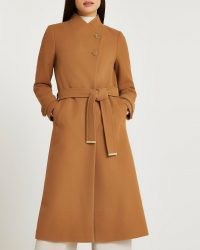 RIVER ISLAND Brown belted wrap coat ~ womens longline tie waist winter coats