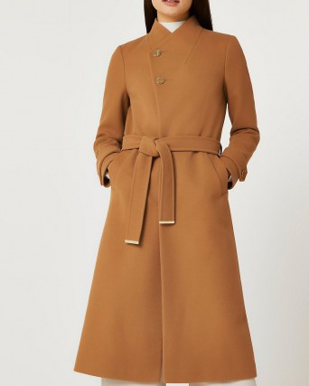RIVER ISLAND Brown belted wrap coat ~ womens longline tie waist winter coats - flipped