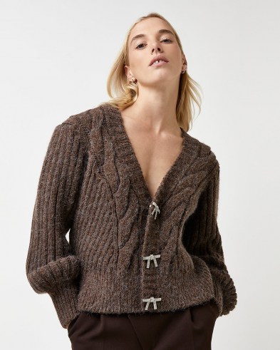 River Island Brown chunky knit cardigan | diamante bow button cardigans | womens relaxed fit V-neck cardi | women’s on trend knitwear - flipped