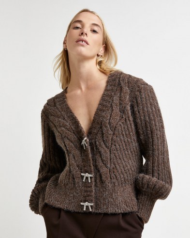 River Island Brown chunky knit cardigan | diamante bow button cardigans | womens relaxed fit V-neck cardi | women’s on trend knitwear