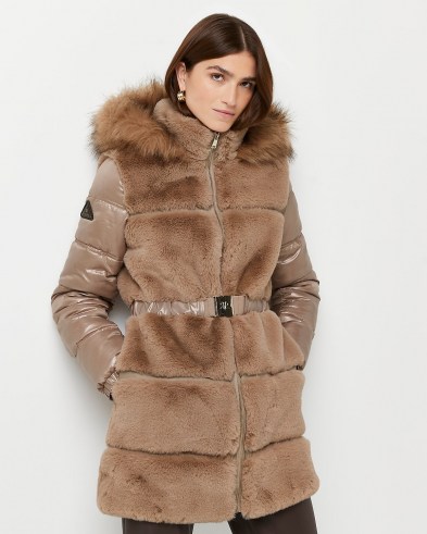 RIVER ISLAND Brown faux fur belted coat ~ glamorous high neck winter coats ~ hooded outerwear - flipped