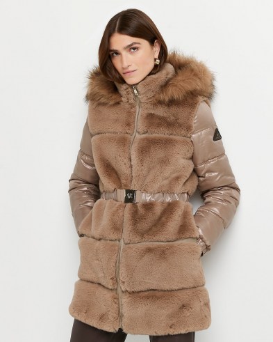 RIVER ISLAND Brown faux fur belted coat ~ glamorous high neck winter coats ~ hooded outerwear