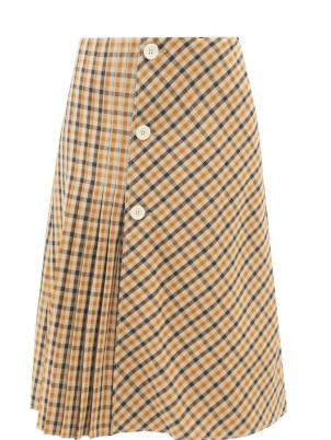 WALES BONNER Kalimba checked pleated wool-blend skirt / beige and brown check print knife pleat midi skirts - flipped