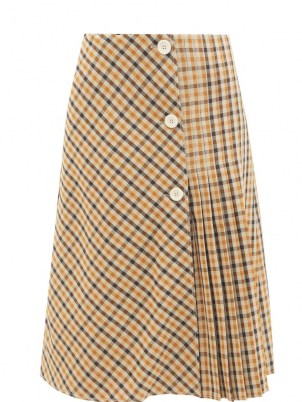 WALES BONNER Kalimba checked pleated wool-blend skirt / beige and brown check print knife pleat midi skirts