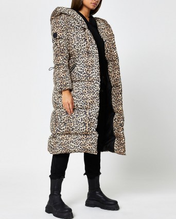 RIVER ISLAND Brown leopard print puffer coat / womens puffy animal print coats / women’s hooded winted outerwear - flipped