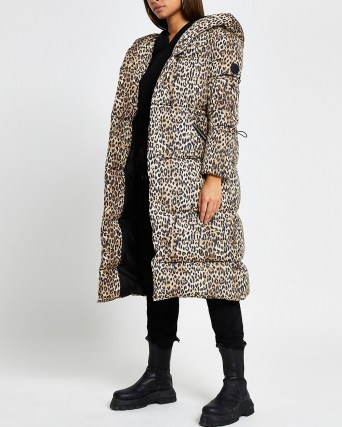 RIVER ISLAND Brown leopard print puffer coat / womens puffy animal print coats / women’s hooded winted outerwear