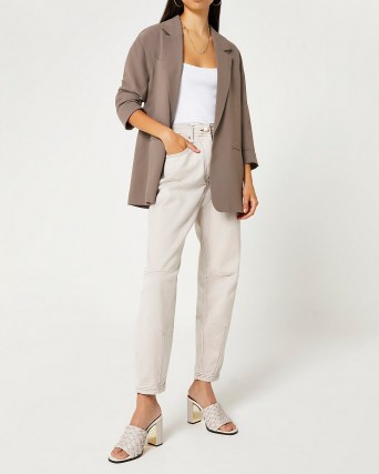 RIVER ISLAND Brown oversized blazer ~ womens open front 3/4 length sleeve fashion blazers - flipped