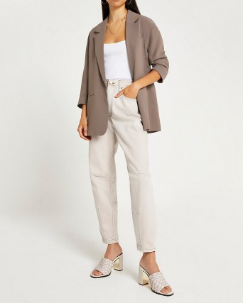 RIVER ISLAND Brown oversized blazer ~ womens open front 3/4 length sleeve fashion blazers