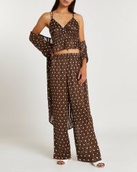 RIVER ISLAND Brown polka dot satin cami and trouser set ~ spot print fashion sets ~ camiaole and trousers co ords