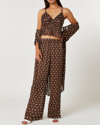 RIVER ISLAND Brown polka dot satin cami and trouser set ~ spot print fashion sets ~ camiaole and trousers co ords - flipped