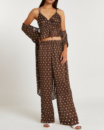 RIVER ISLAND Brown polka dot satin cami and trouser set ~ spot print fashion sets ~ camiaole and trousers co ords