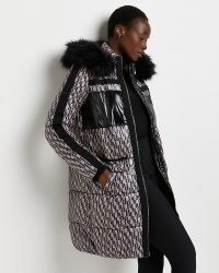 River Island Brown RI monogram puffer coat – womens quilted winter coats with faux fur lined hood