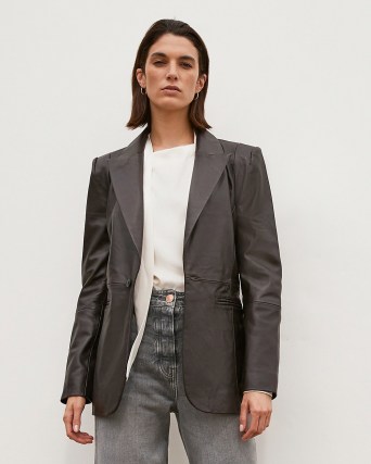 RIVER ISLAND Brown RI Studio Leather Blazer ~ womens tailored fit blazers ~ women’s luxe style jackets - flipped