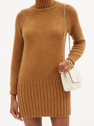 SAINT LAURENT Ribbed-hem brown alpaca-blend mini dress ~ high roll neck knitted dresses ~ vintage inspired knitwear - flipped