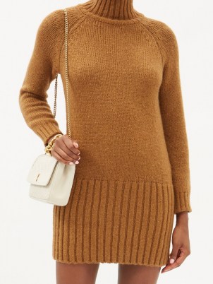 SAINT LAURENT Ribbed-hem brown alpaca-blend mini dress ~ high roll neck knitted dresses ~ vintage inspired knitwear