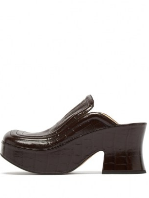 BOTTEGA VENETA Wedge crocodile-effect black leather clogs | croc embossed retro platform mules | womens vintage style platforms
