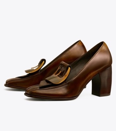TORY BURCH BUCKLE HEEL LOAFER in Brown ~ womens curved block heel square toe loafers ~ women’s designer autumn and winter shoes - flipped