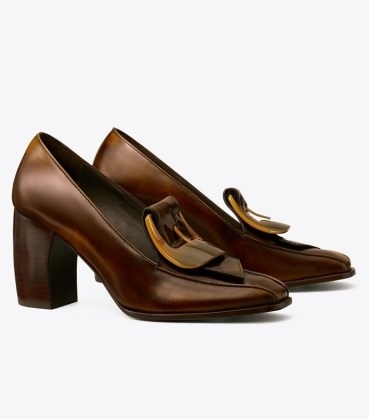 TORY BURCH BUCKLE HEEL LOAFER in Brown ~ womens curved block heel square toe loafers ~ women’s designer autumn and winter shoes
