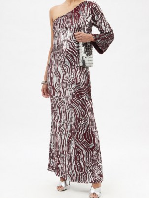ASHISH Zebra-sequinned one-sleeved gown – silver and burgundy sequin zebra striped maxi dresses – glamorous one shoulder animal stripe gowns - flipped