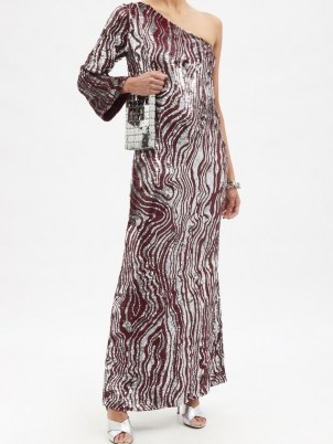 ASHISH Zebra-sequinned one-sleeved gown – silver and burgundy sequin zebra striped maxi dresses – glamorous one shoulder animal stripe gowns