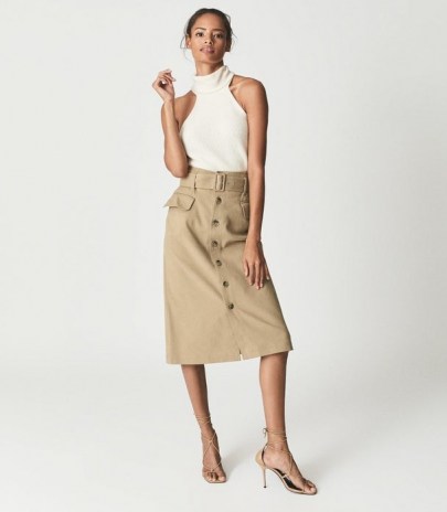 REISS CARRIE BELTED MIDI SKIRT CAMEL ~ light brown patch pocket front button up skirts - flipped