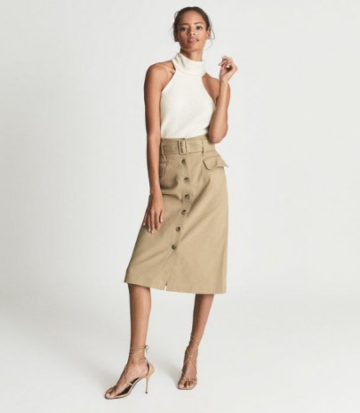 REISS CARRIE BELTED MIDI SKIRT CAMEL ~ light brown patch pocket front button up skirts