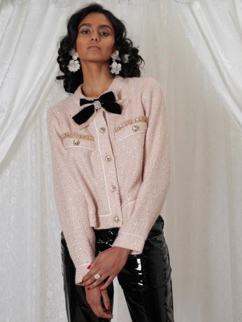 sister jane DREAM Ornament Tweed Cardigan Veiled rose / bow and crystal sequin embellished cardigans / romantic pink sequinned knitted jackets / sparkly feminine knitwear