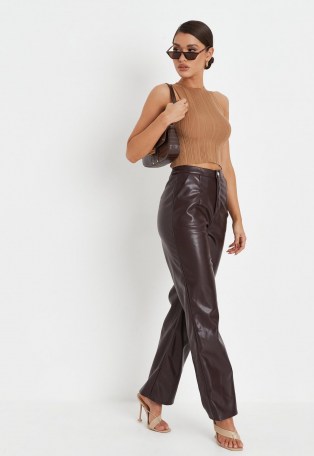 MISSGUIDED chocolate faux leather straight leg trousers – womens dark brown luxe style trousers - flipped