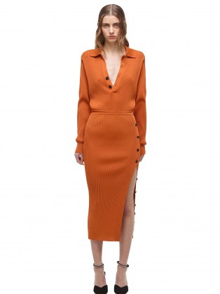 Emily Ratajkowski in a long sleeve rust coloured dress with side button detail, SELF PORTRAIT Cinnamon Ribbed Knit Midi Dress, on Instagram, 29 August 2021 | celebrity social media fashion | autumn dresses