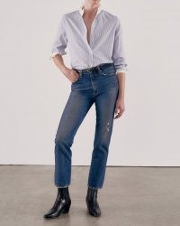 NILI LOTAN CLARA SHIRT BLUE STRIPE / striped ruffle trim cotton shirts / womens casual fashion