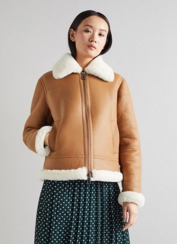 L.K. BENNETT CLYDE TAN LEATHER AVIATOR JACKET ~ womens luxe light-brown jackets ~ women’s stylish casual winter outerwear - flipped