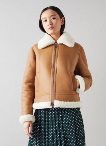 L.K. BENNETT CLYDE TAN LEATHER AVIATOR JACKET ~ womens luxe light-brown jackets ~ women’s stylish casual winter outerwear