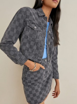 REFORMATION Cora Shrunken Denim Jacket in Checkered / womens casual check print jackets - flipped
