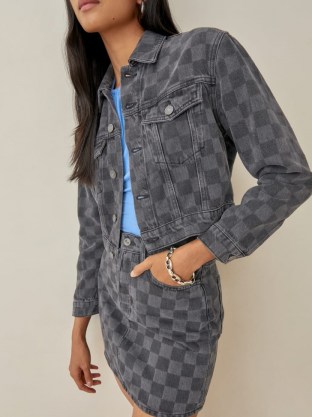 REFORMATION Cora Shrunken Denim Jacket in Checkered / womens casual check print jackets