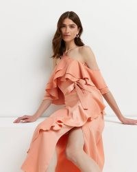 River Island Coral ruffled cold shoulder midi dress | feminine ruffle detail party dresses