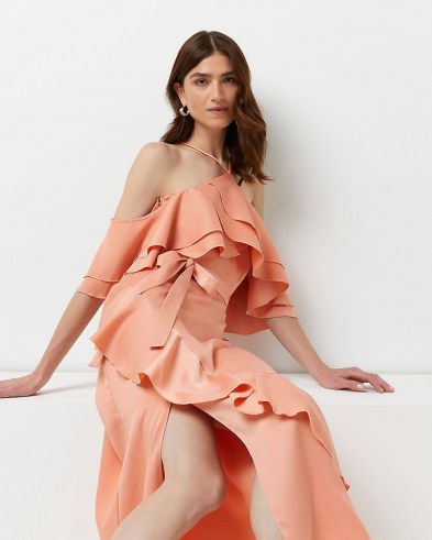River Island Coral ruffled cold shoulder midi dress | feminine ruffle detail party dresses - flipped