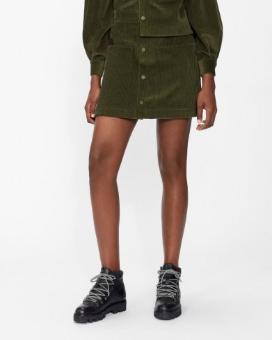 TED BAKER OMARAH Cord A-line mini skirt Khaki ~ green corduroy skirts - flipped